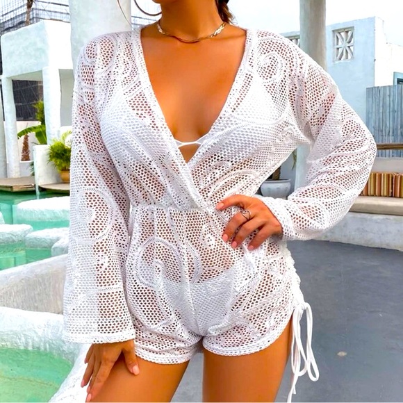 Other - White Mesh V-Neck Coverup Romper